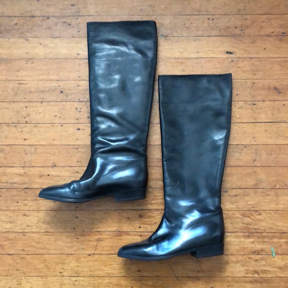 Bally Italian Lambskin Black Riding Boots Tall Low Heel Size 6